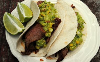 Roasted Corn Guacamole & Carne Asada Soft Tacos