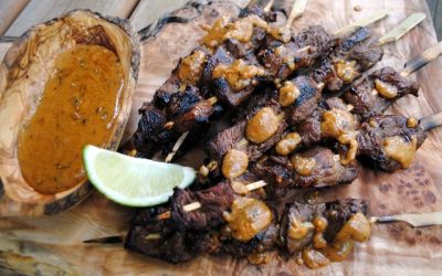 BEEF SATAY SKEWERS with Cheaters’ Peanut Sauce